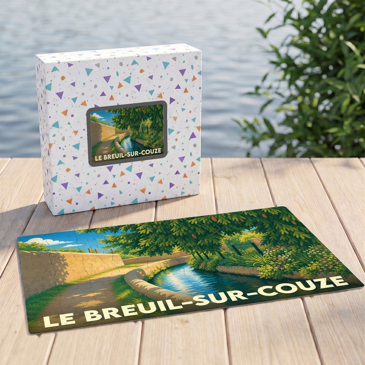 Puzzle souvenir de la ville de Le Breuil-sur-Couze avec une illustration stylisée d'un paysage de rivière.