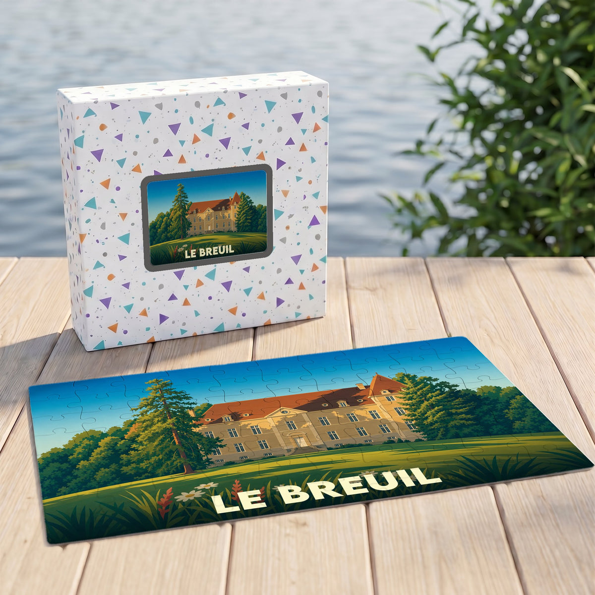 Puzzle souvenir de la ville de Le Breuil avec une illustration stylisée d'un château.