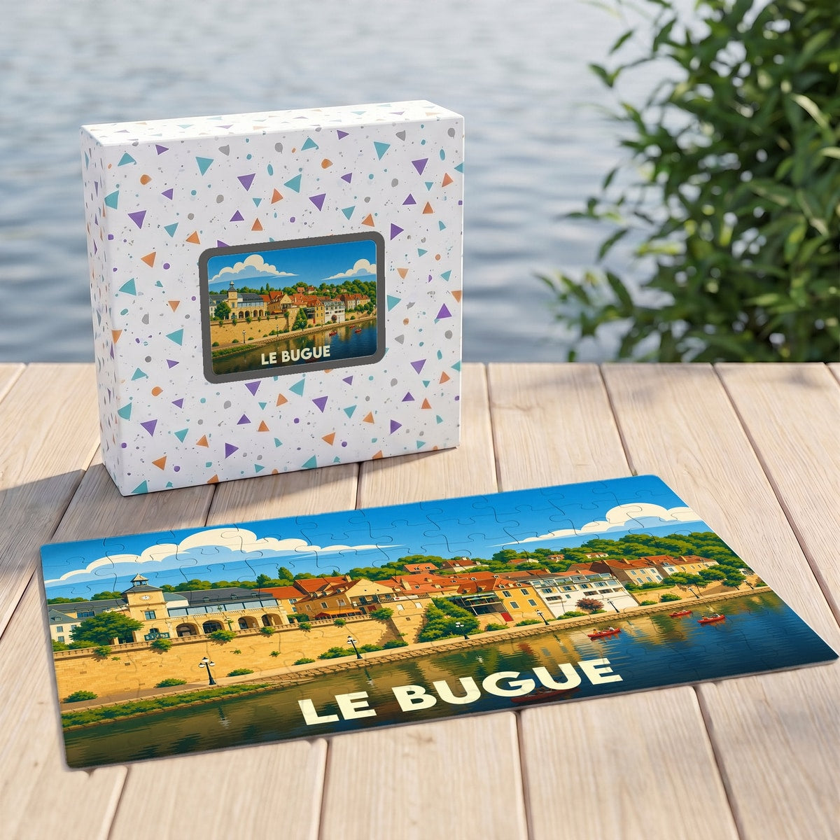 Puzzle souvenir de la ville de Le Bugue avec une illustration stylisée d'un paysage de bord de rivière.