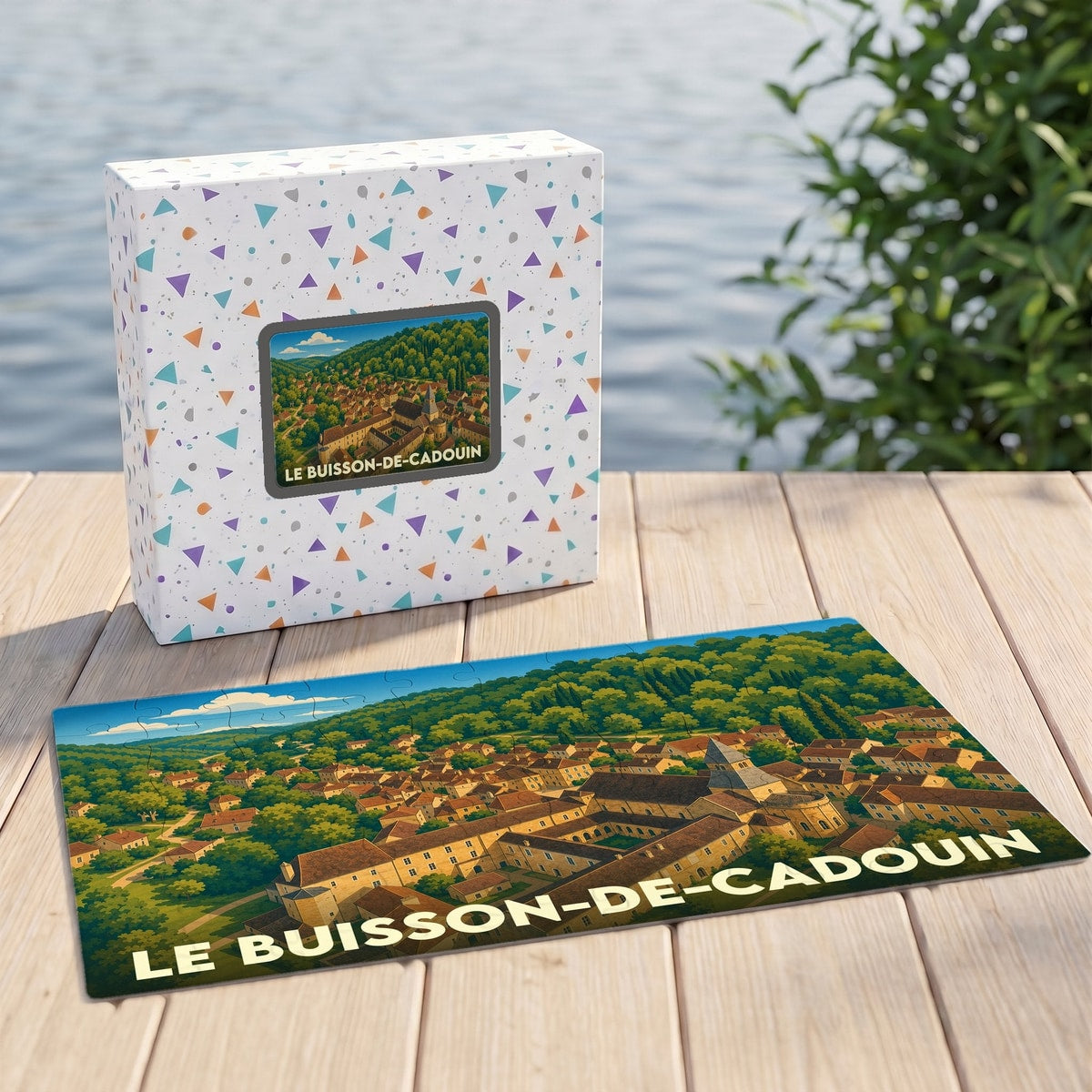 Puzzle souvenir de la ville de Le Buisson-de-Cadouin avec une illustration panoramique stylisée.