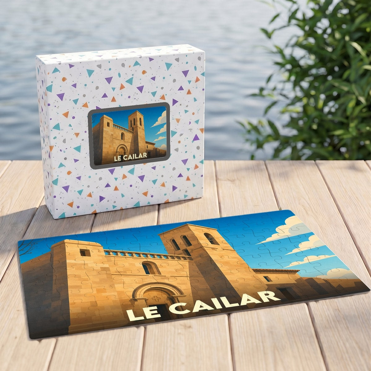 Puzzle souvenir de la ville de Le Cailar avec une illustration stylisée d'un bâtiment historique.