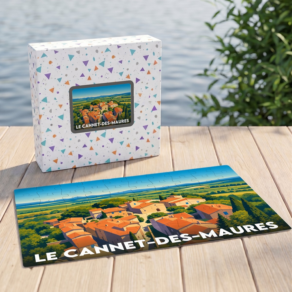 Puzzle souvenir de la ville de Le Cannet-des-Maures avec une illustration stylisée de ses toits provençaux.