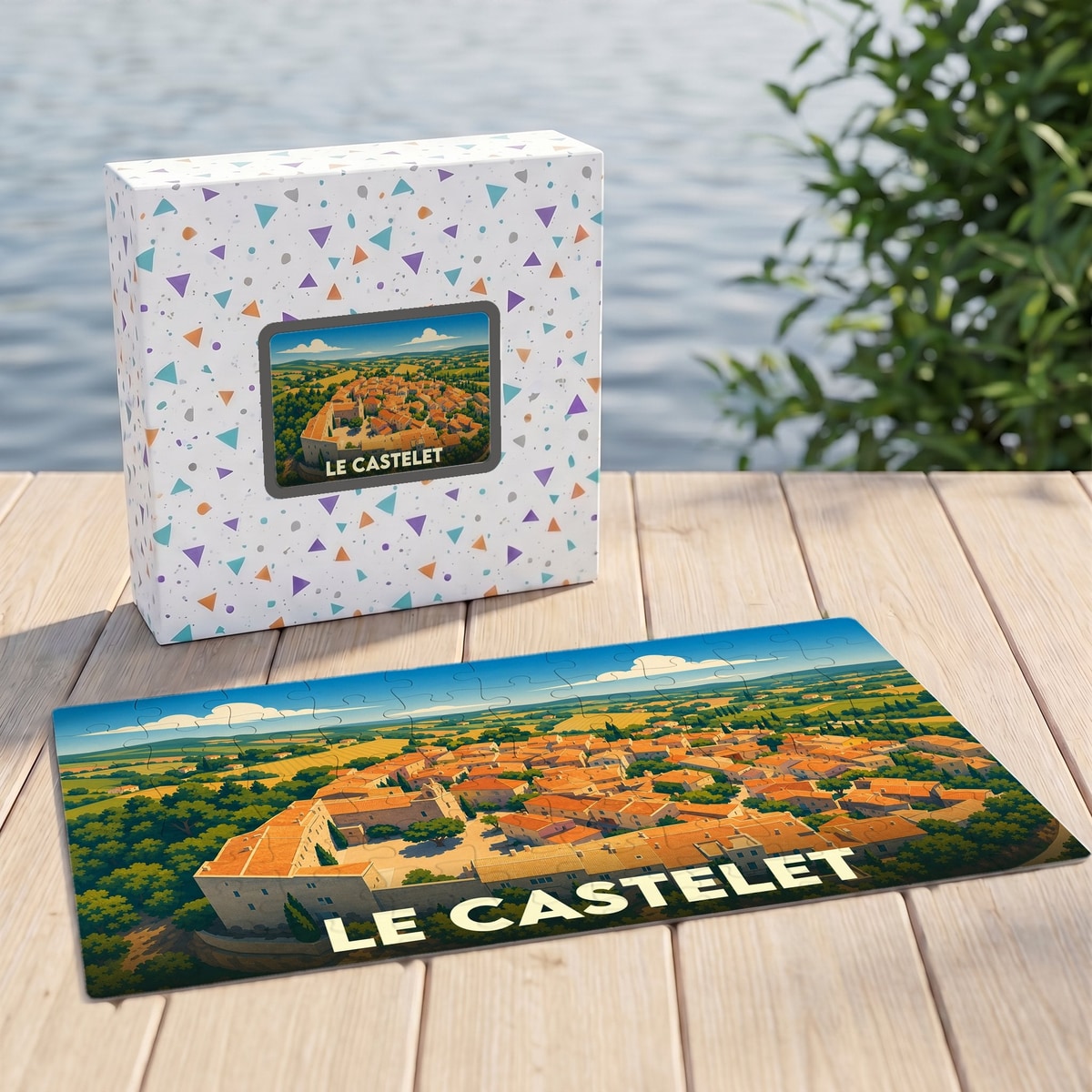 Puzzle souvenir de la ville de Le Castelet avec une illustration panoramique stylisée du village.