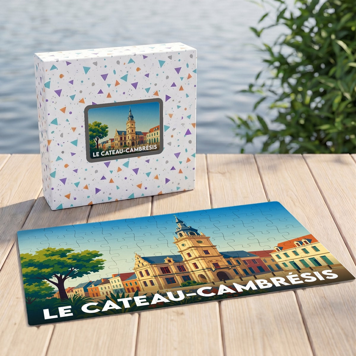 Puzzle souvenir de la ville de Le Cateau-Cambrésis avec son illustration stylisée et sa boîte assortie.