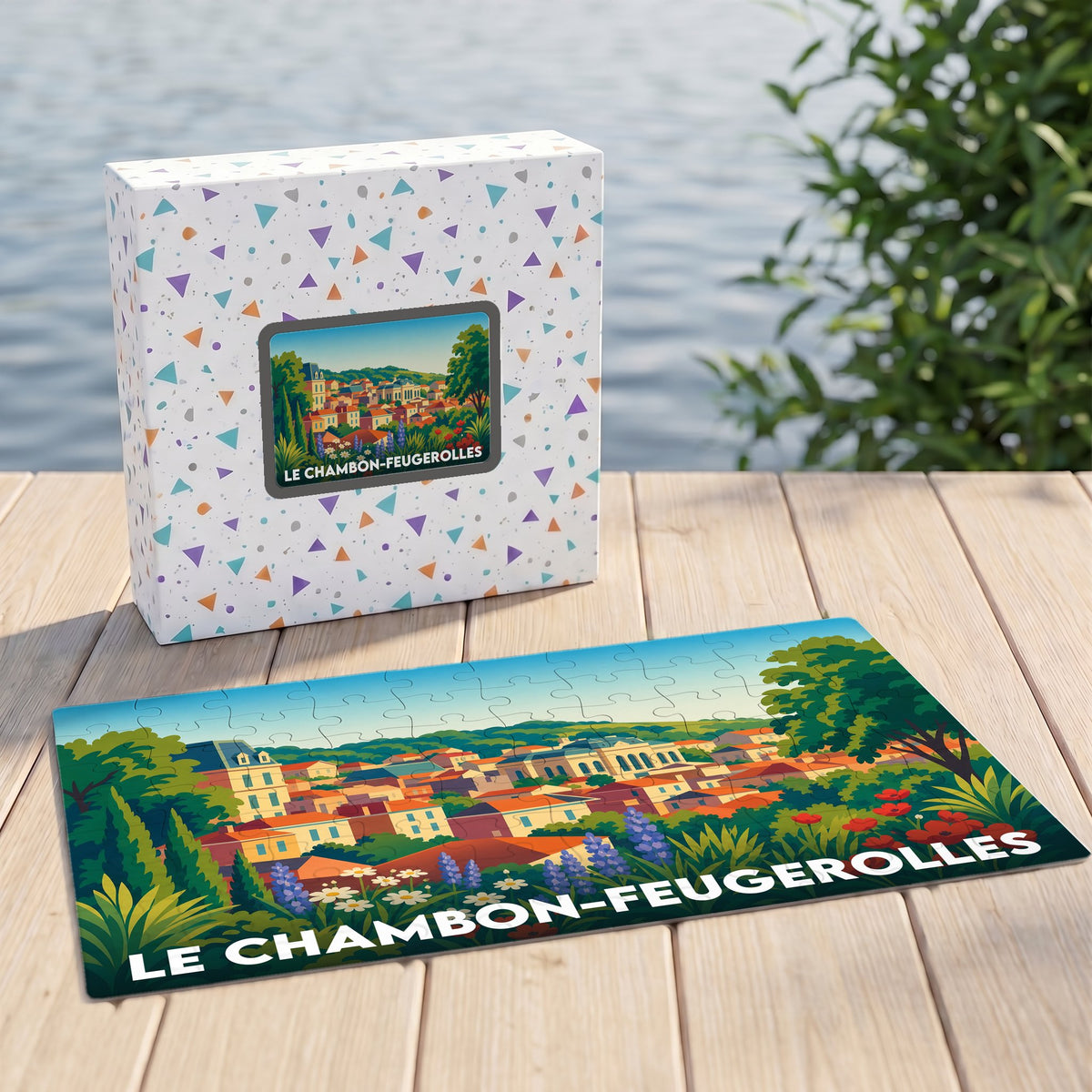 Puzzle souvenir de la ville de Le Chambon-Feugerolles avec une illustration colorée et stylisée du paysage urbain.