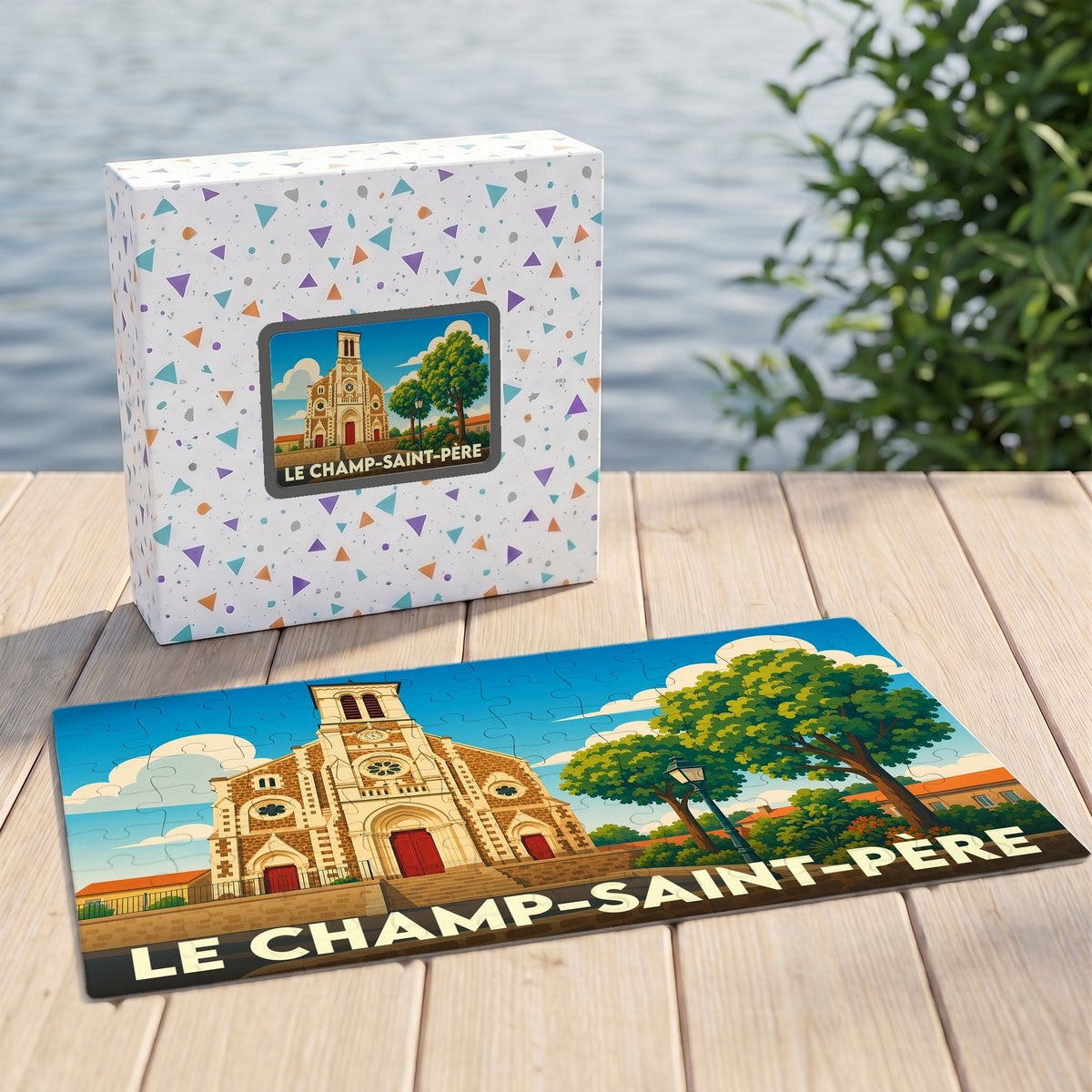 Puzzle souvenir de la commune de Le Champ-Saint-Père avec une illustration stylisée de son église.