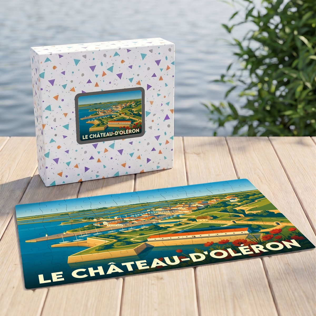 Puzzle souvenir de la ville de Le Château-d'Oléron avec une illustration stylisée de sa citadelle et de son littoral.