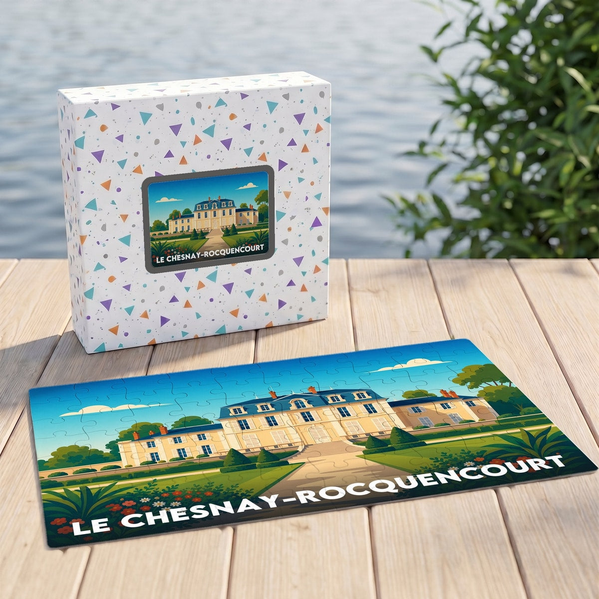 Puzzle souvenir de la ville de Le Chesnay-Rocquencourt avec une illustration stylisée de son patrimoine.