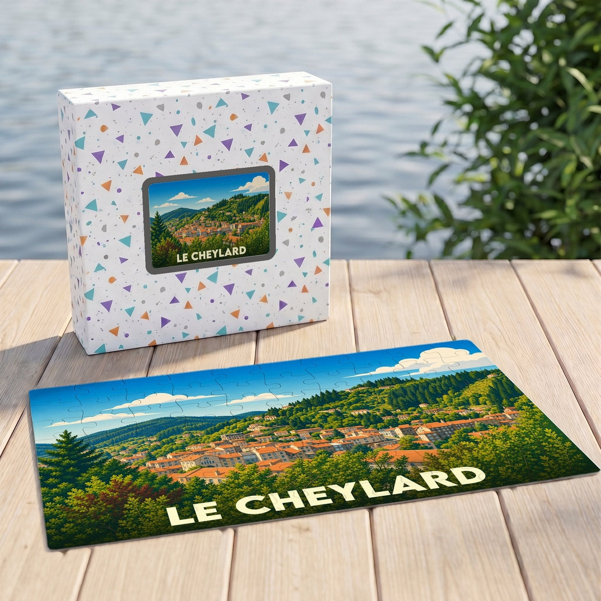 Puzzle souvenir de la ville de Le Cheylard avec une illustration paysagère stylisée.