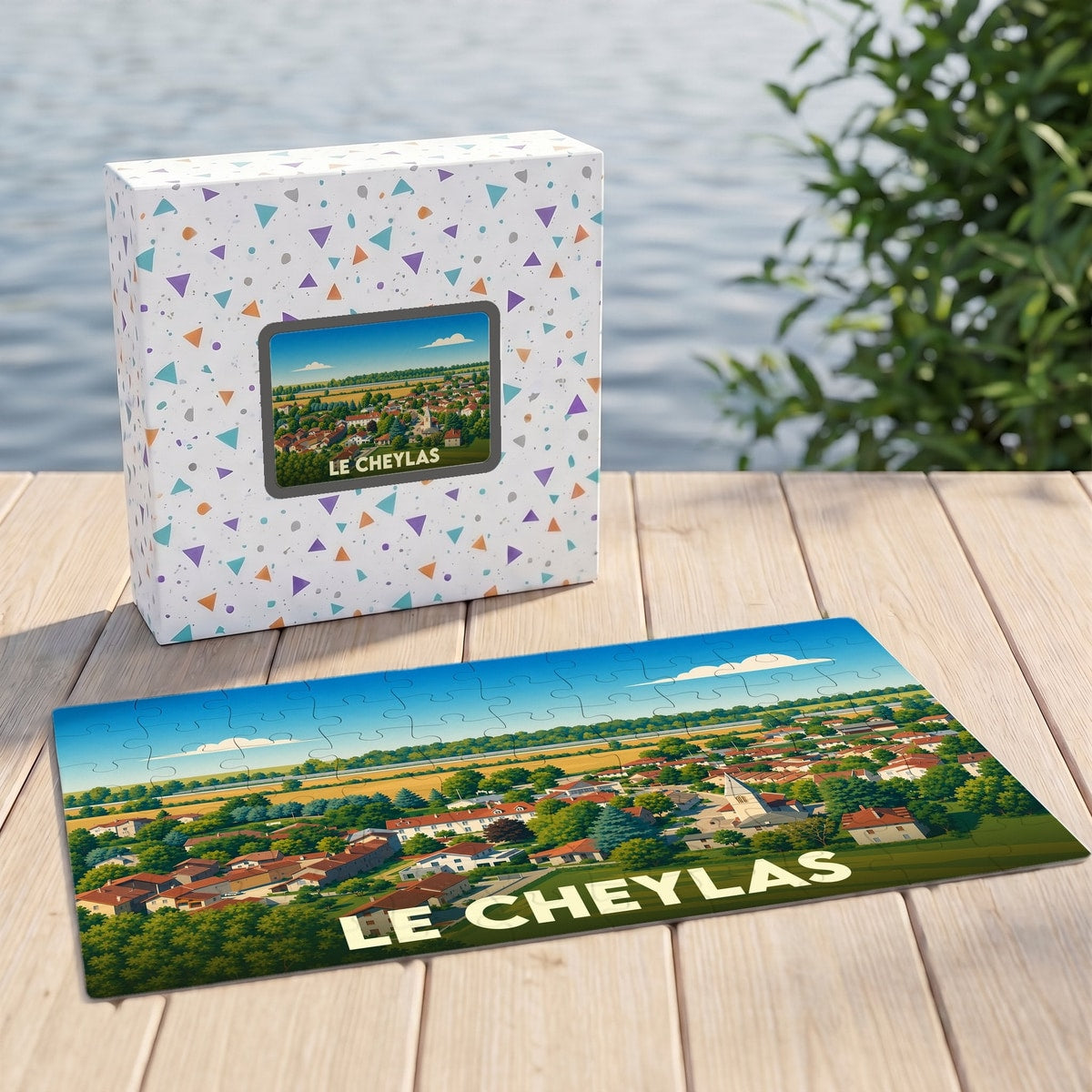 Puzzle souvenir de la ville de Le Cheylas avec une illustration stylisée d'un paysage urbain verdoyant.