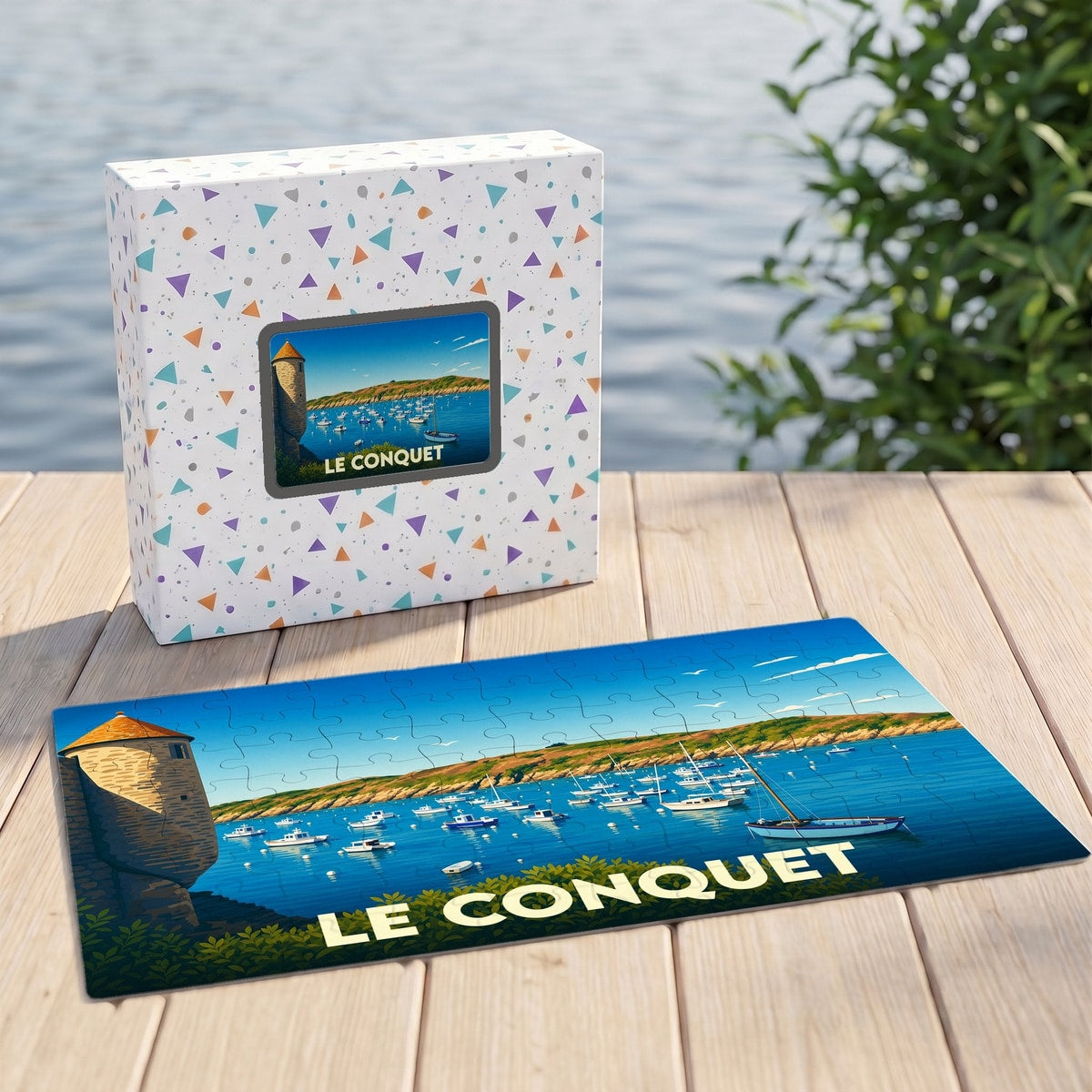 Puzzle souvenir de la ville de Le Conquet avec une illustration stylisée d'un port breton.