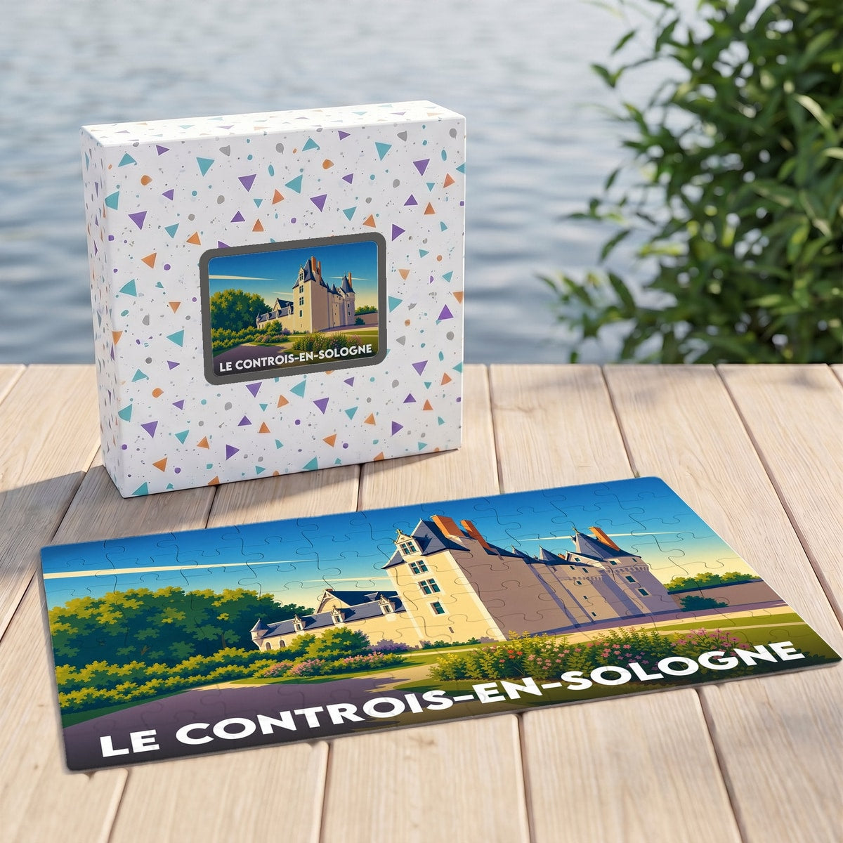 Puzzle souvenir de la ville de Le Controis-en-Sologne avec une illustration stylisée d'un château.