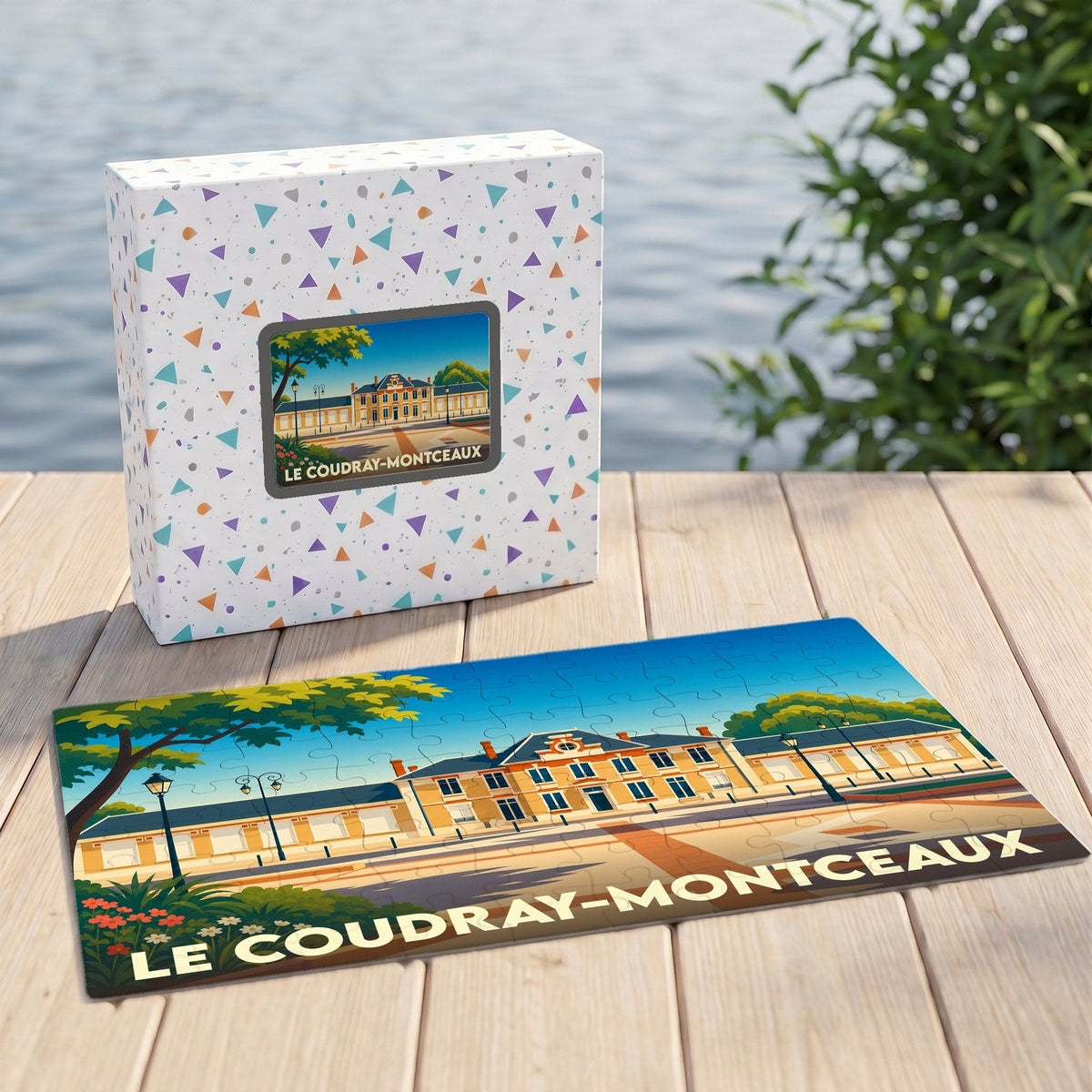 Puzzle souvenir de la ville de Le Coudray-Montceaux avec une illustration stylisée du bâtiment de la mairie.