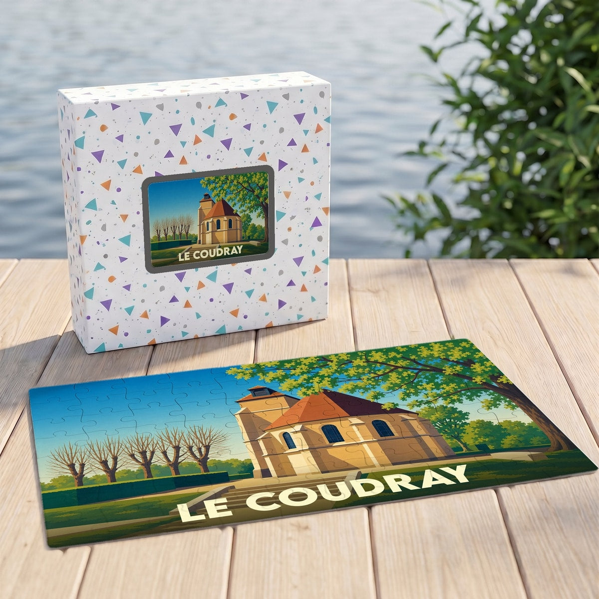 Puzzle souvenir de la ville de Le Coudray avec une illustration stylisée et sa boîte assortie.