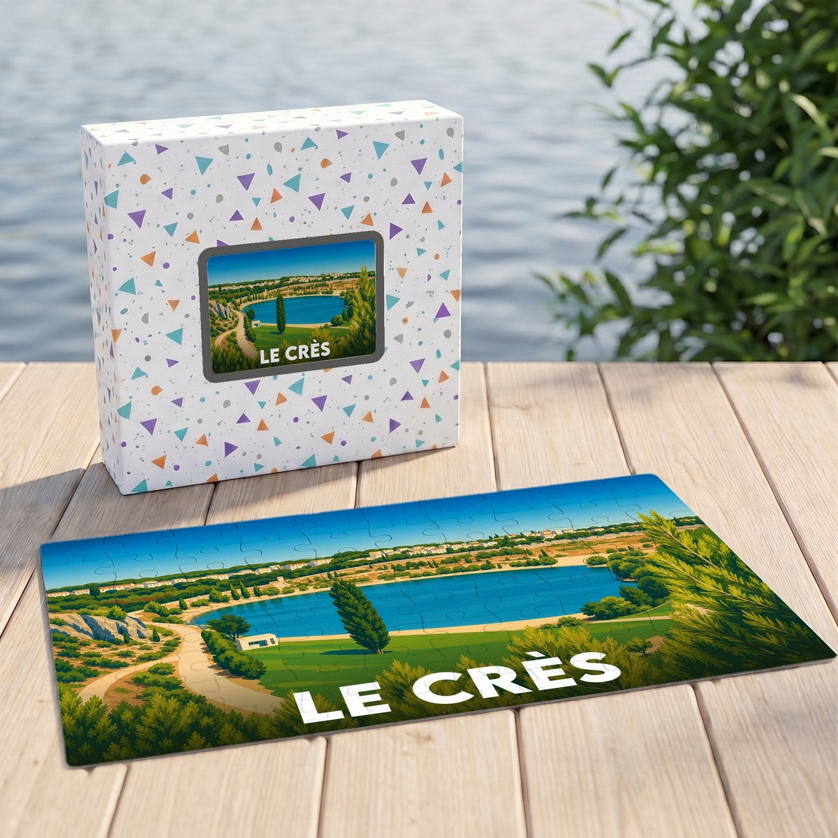 Puzzle souvenir de la ville de Le Crès avec une illustration stylisée de son lac.