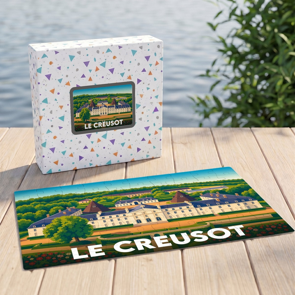 Puzzle souvenir de la ville de Le Creusot illustré par un dessin stylisé de son château.