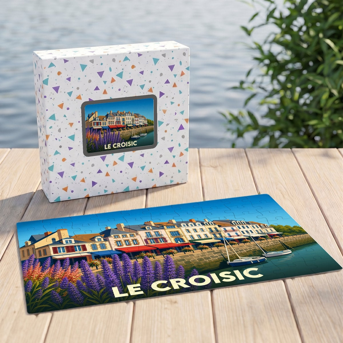 Puzzle souvenir de la ville du Croisic avec une illustration colorée de son port et de ses façades.