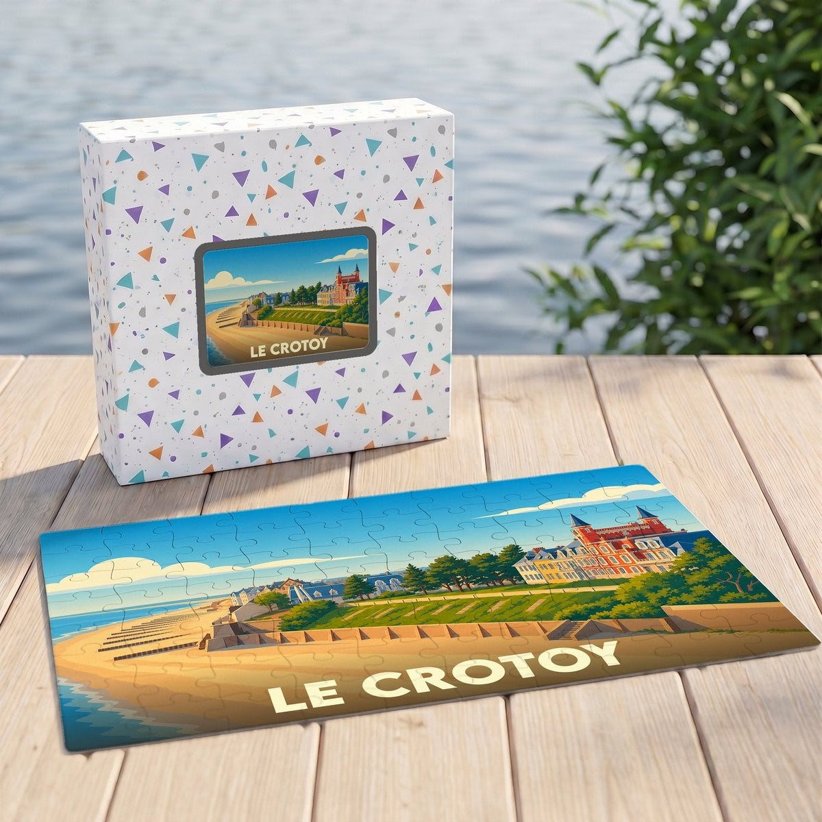 Puzzle souvenir de la ville de Le Crotoy avec une illustration stylisée du front de mer.