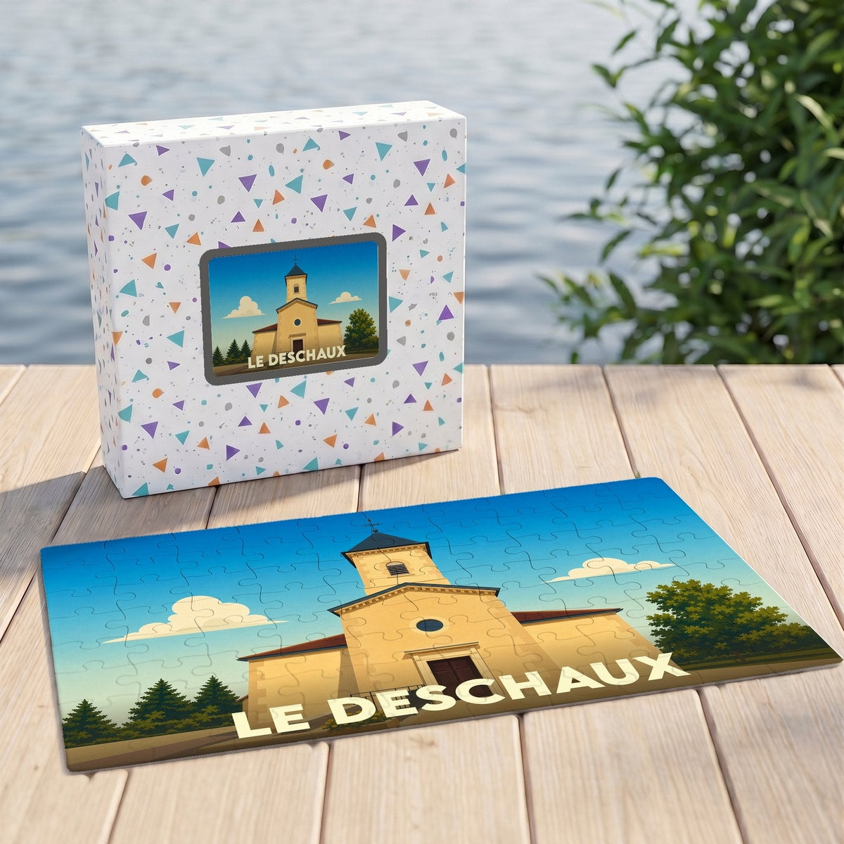 Puzzle souvenir de la ville de Le Deschaux avec une illustration stylisée de son église.