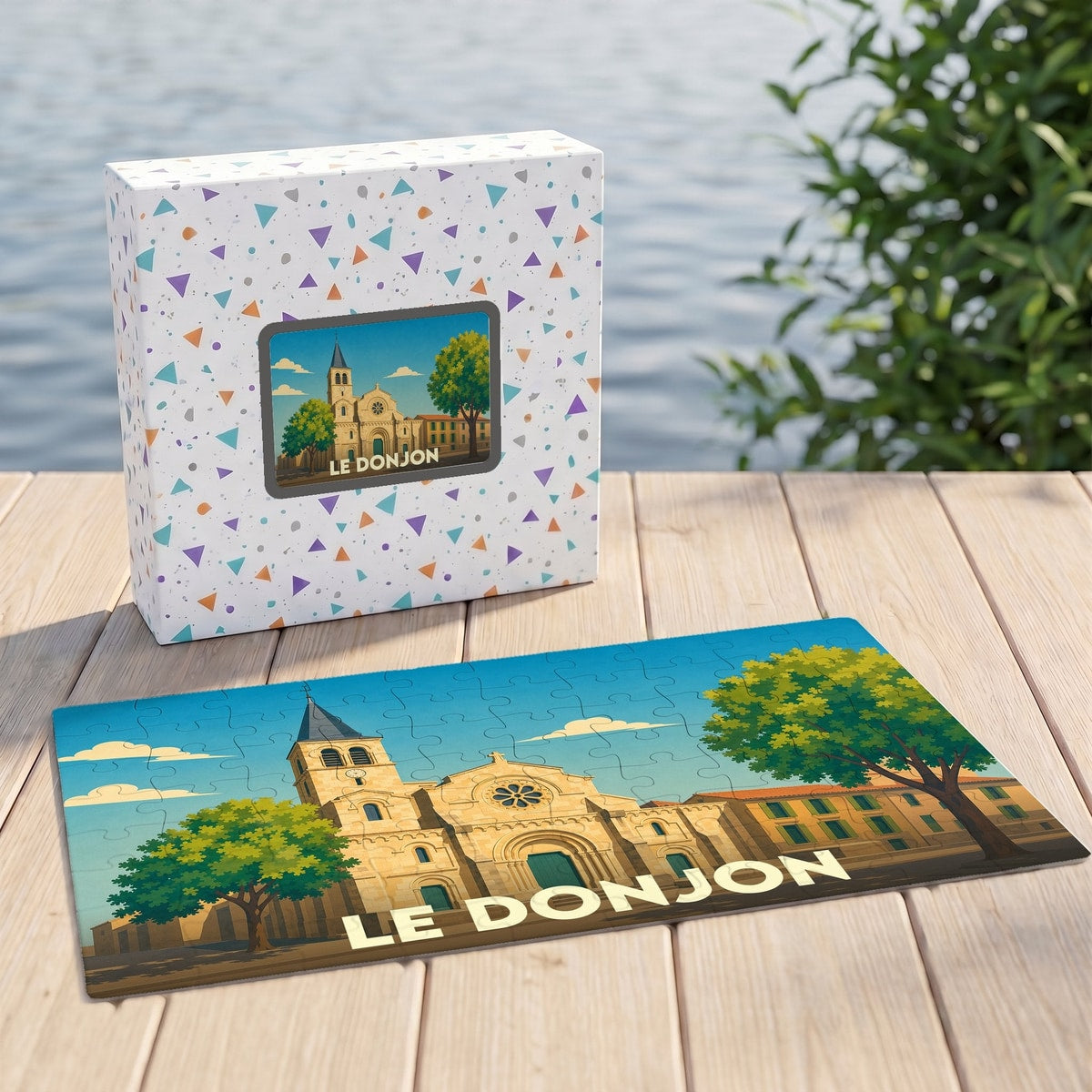 Puzzle souvenir de la ville de Le Donjon illustrant son église avec un style graphique épuré.