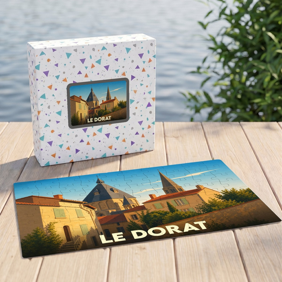 Puzzle souvenir de la ville de Le Dorat avec une illustration stylisée et colorée.