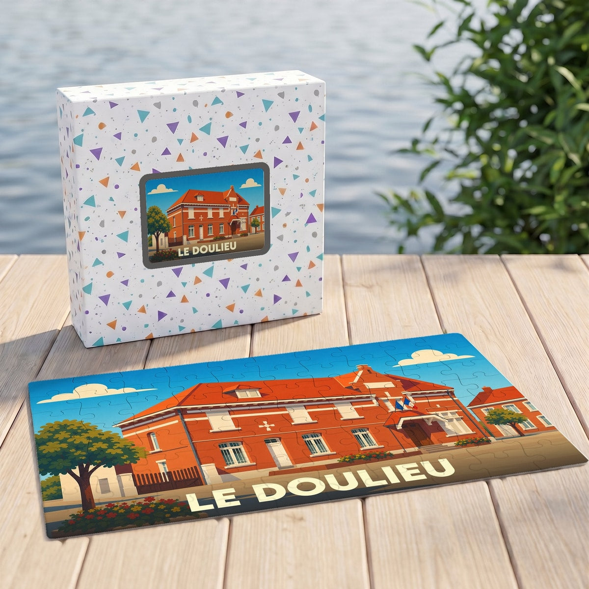 Puzzle souvenir de la ville de Le Doulieu avec une illustration stylisée d'un bâtiment en briques rouges.