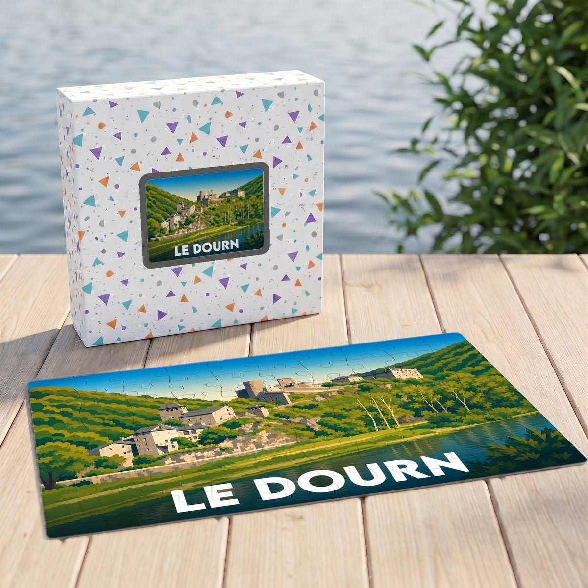 Puzzle souvenir de la ville de Le Dourn avec une illustration stylisée d'un paysage verdoyant et de son château.