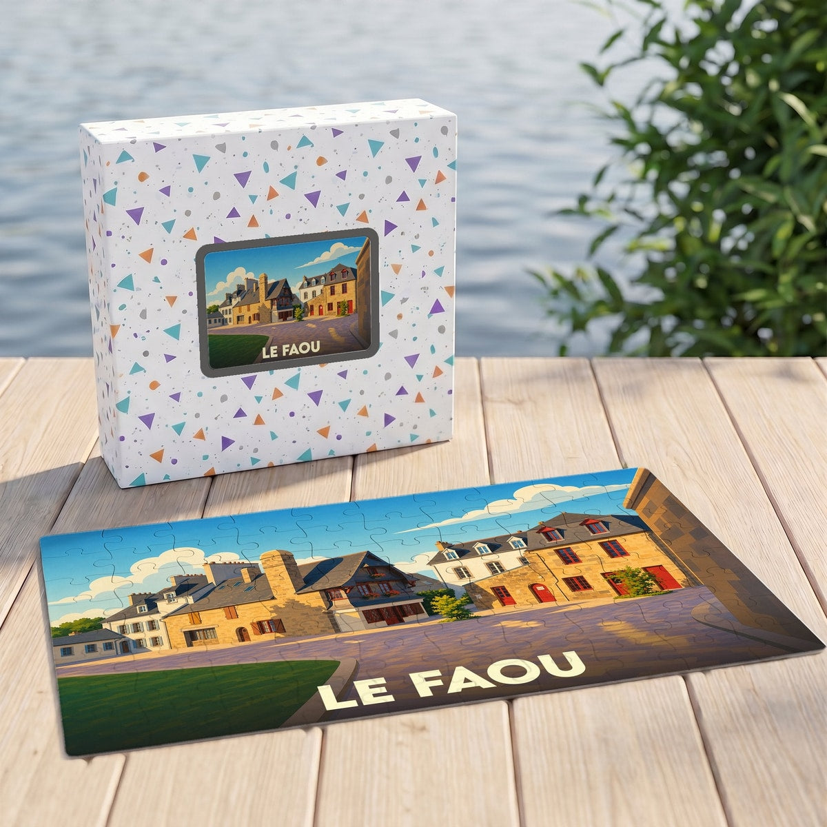 Puzzle souvenir de la ville de Le Faou avec une illustration stylisée d'une place historique.