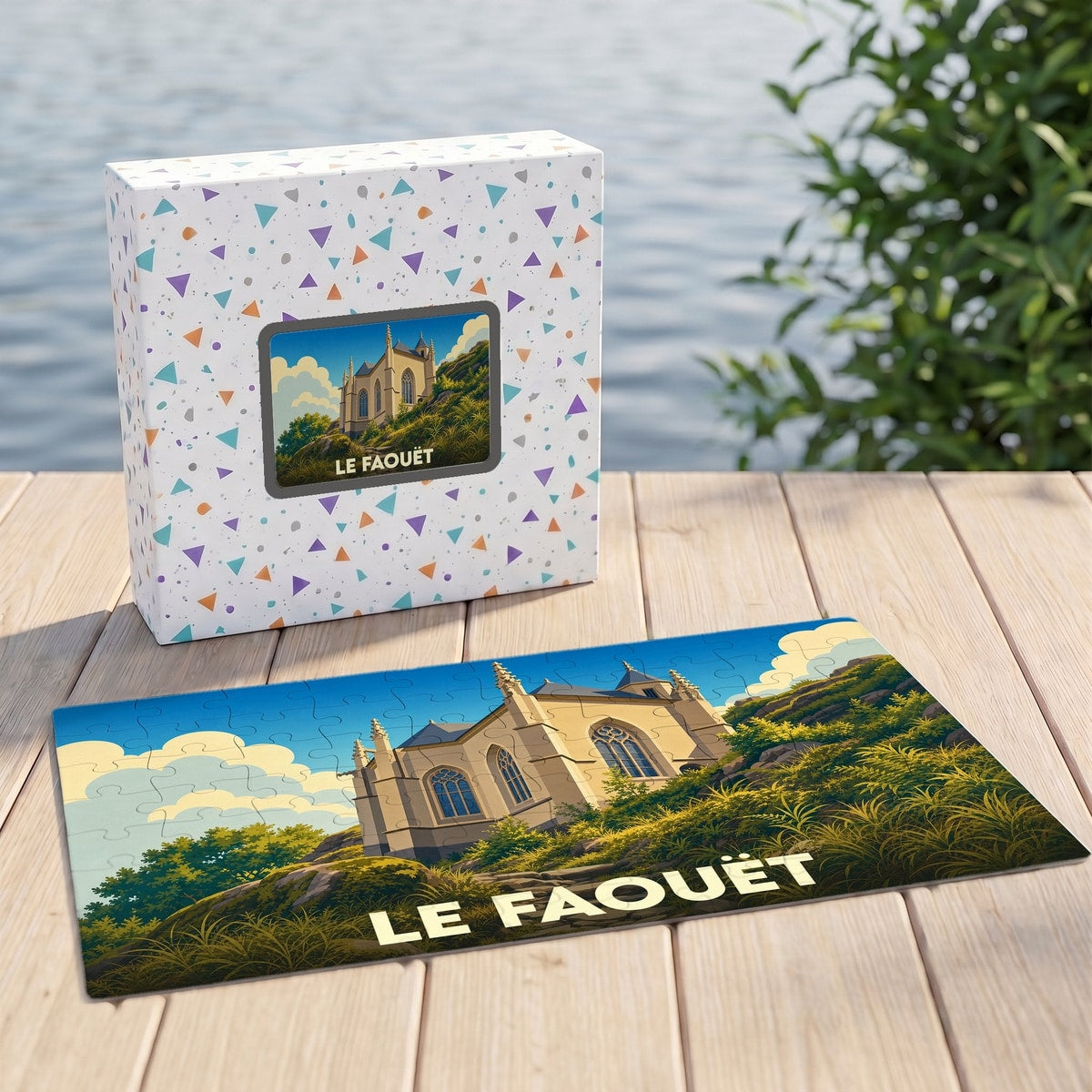 Puzzle souvenir de la ville de Le Faouët avec une illustration stylisée d'une chapelle.