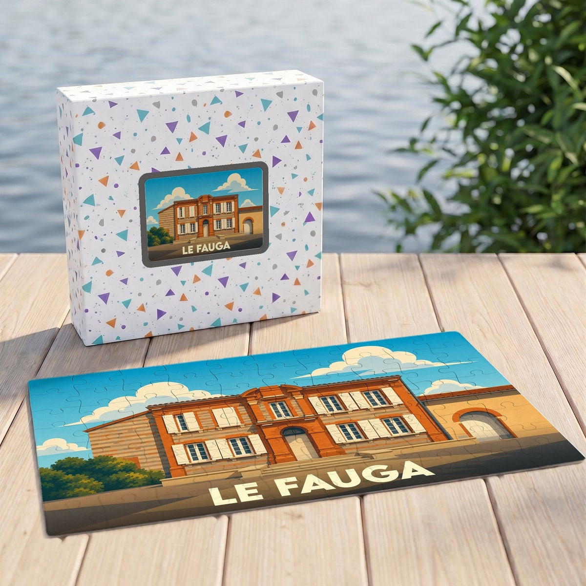 Puzzle souvenir de la ville de Le Fauga avec une illustration stylisée d'un bâtiment historique.