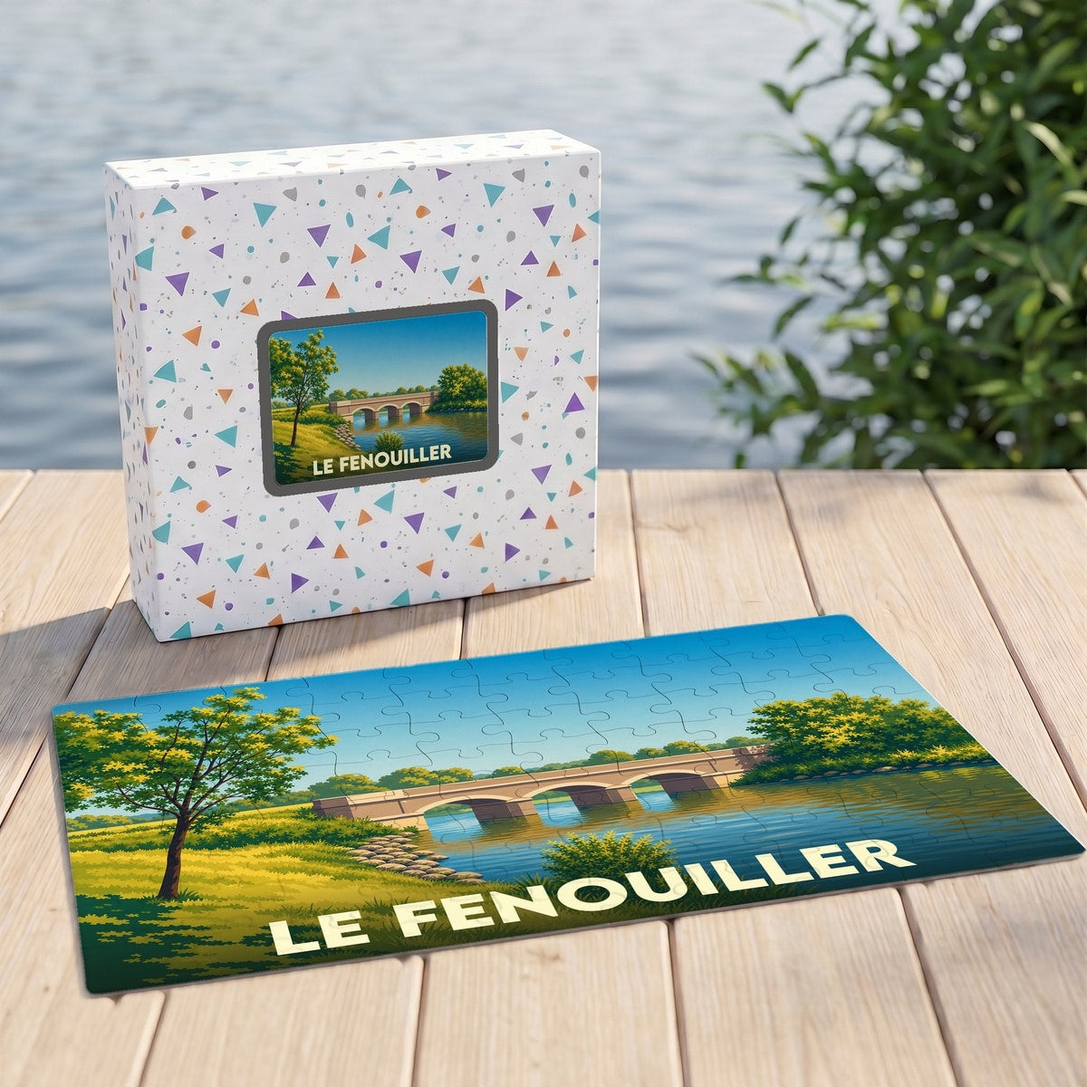 Puzzle souvenir de la ville de Le Fenouiller illustré par un paysage de pont sur une rivière.
