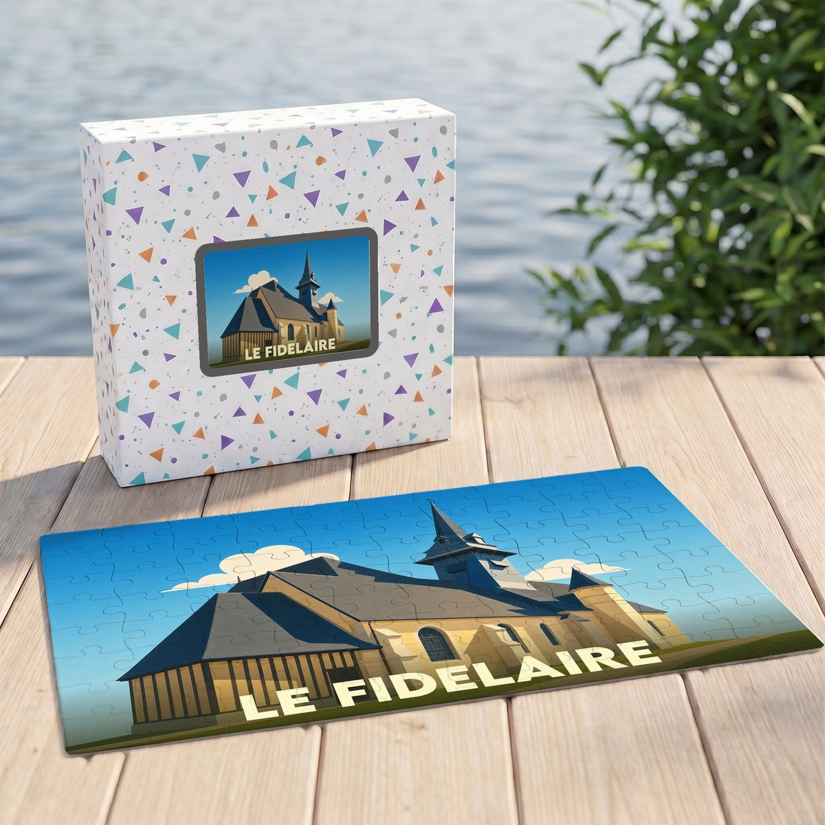 Puzzle souvenir de la ville de Le Fidelaire avec une illustration stylisée de son église.