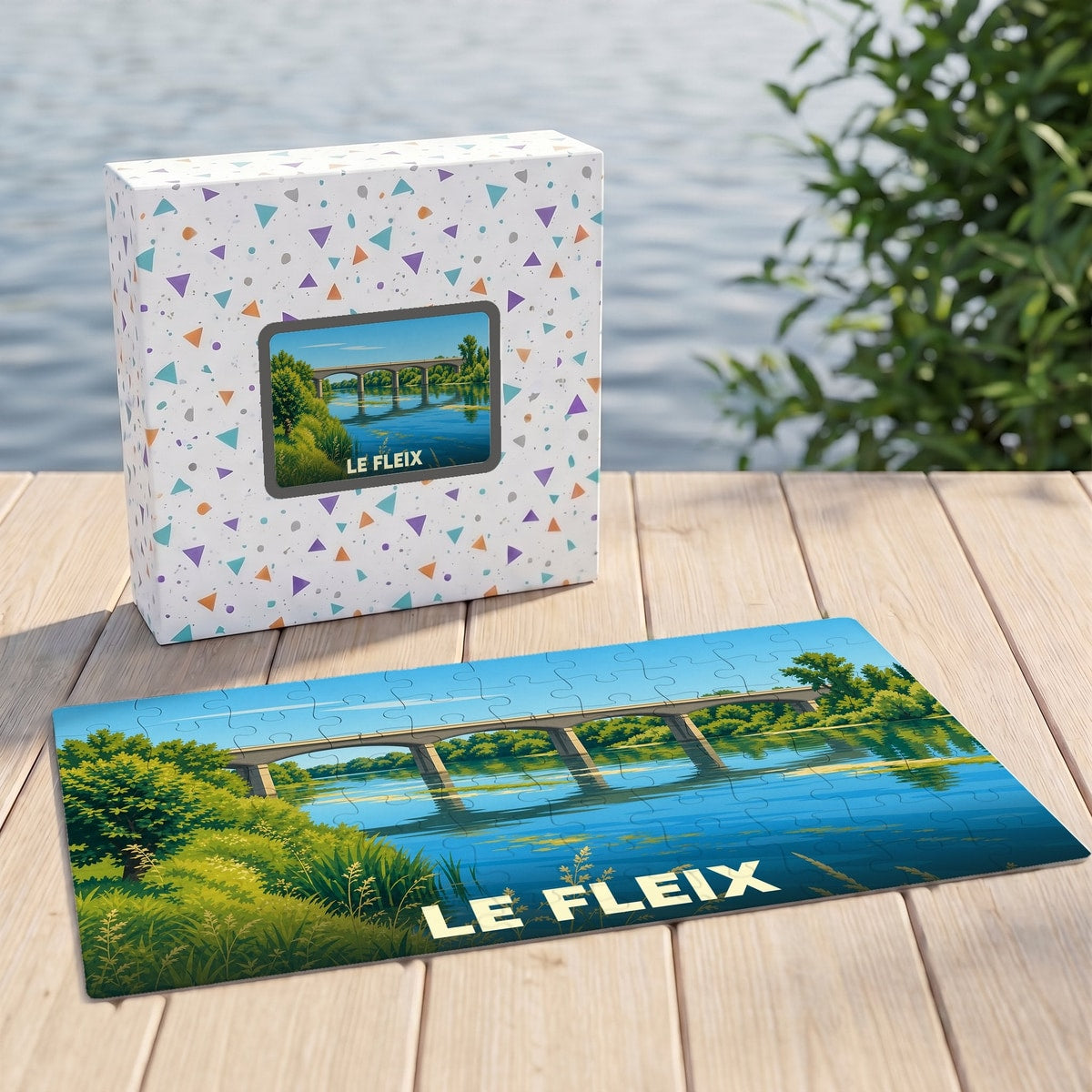 Puzzle souvenir de la ville du Fleix représentant son pont sur la Dordogne avec une illustration stylisée.
