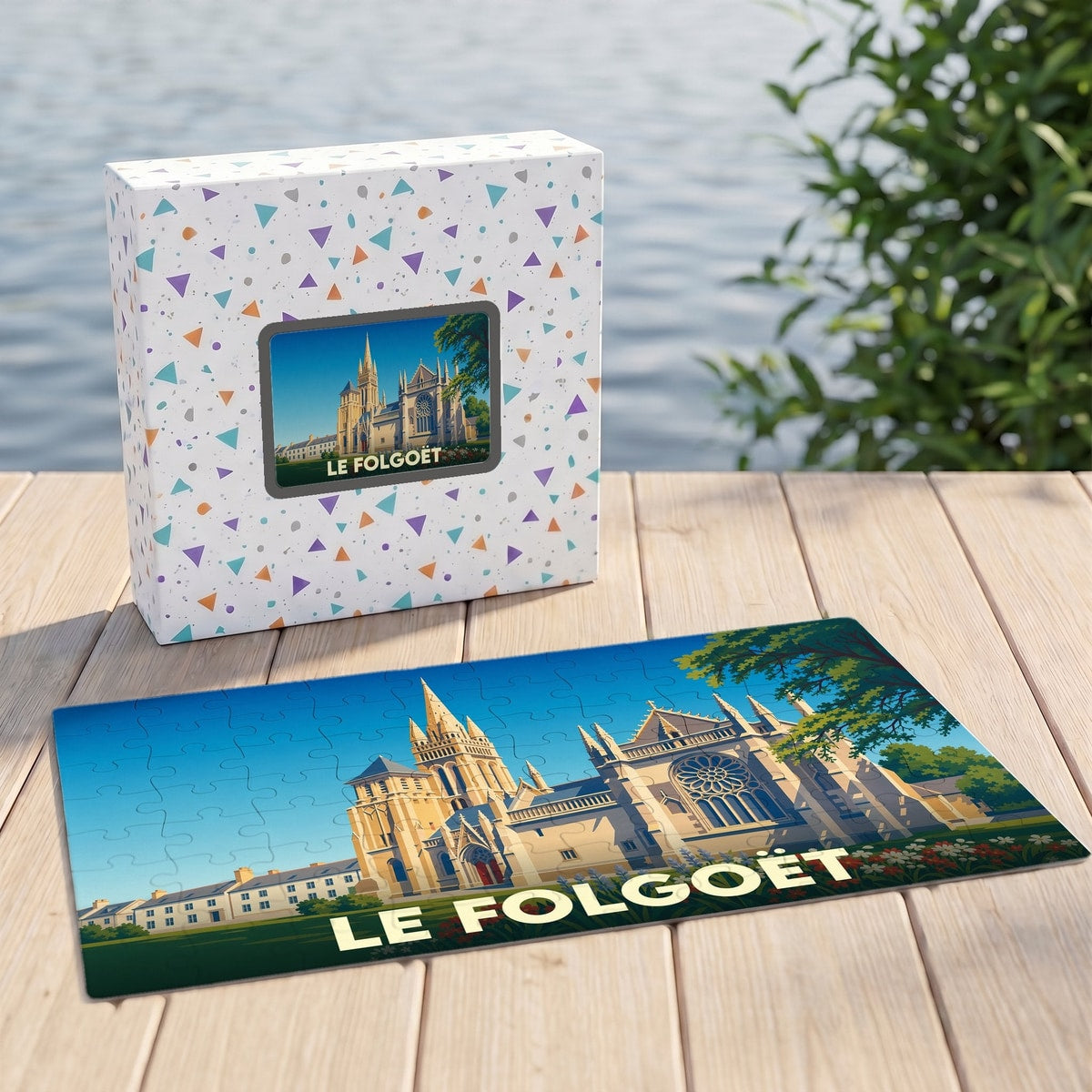 Puzzle souvenir de la ville de Le Folgoët avec une illustration stylisée de sa basilique.