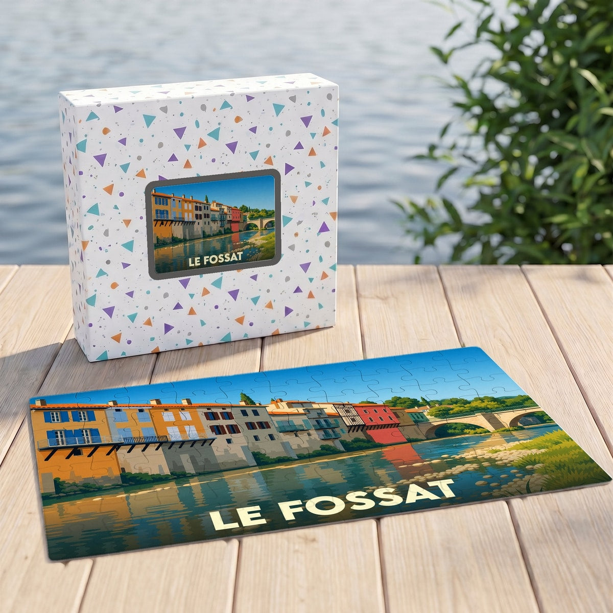 Puzzle souvenir de la ville de Le Fossat avec une illustration stylisée d'un front de rivière coloré.