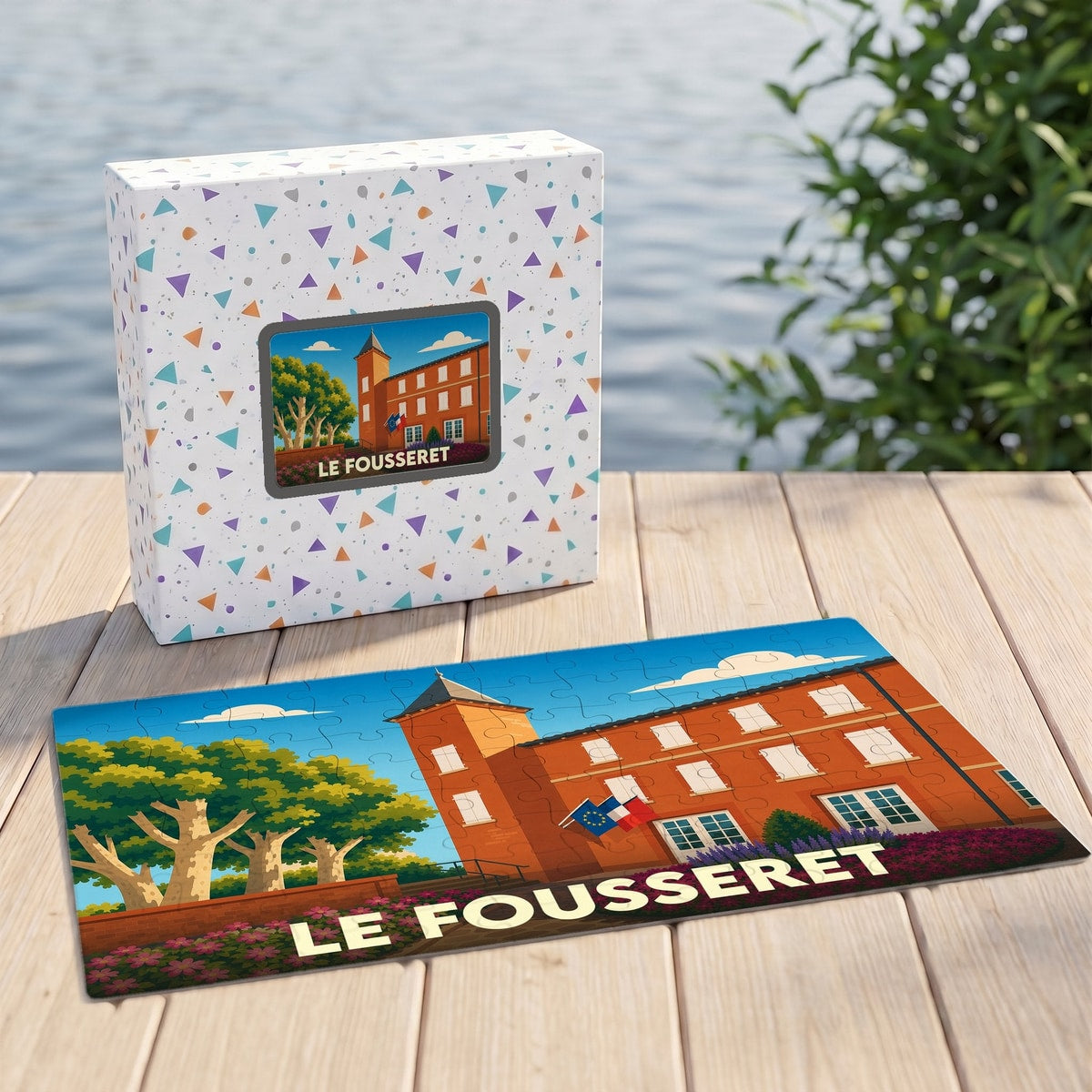 Puzzle souvenir de la ville du Fousseret avec une illustration stylisée d'un bâtiment historique et son coffret assorti.