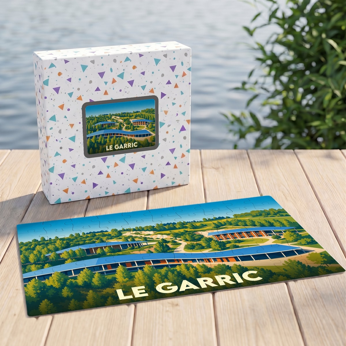 Puzzle souvenir de la ville du Garric avec une illustration stylisée de son paysage et de ses bâtiments.