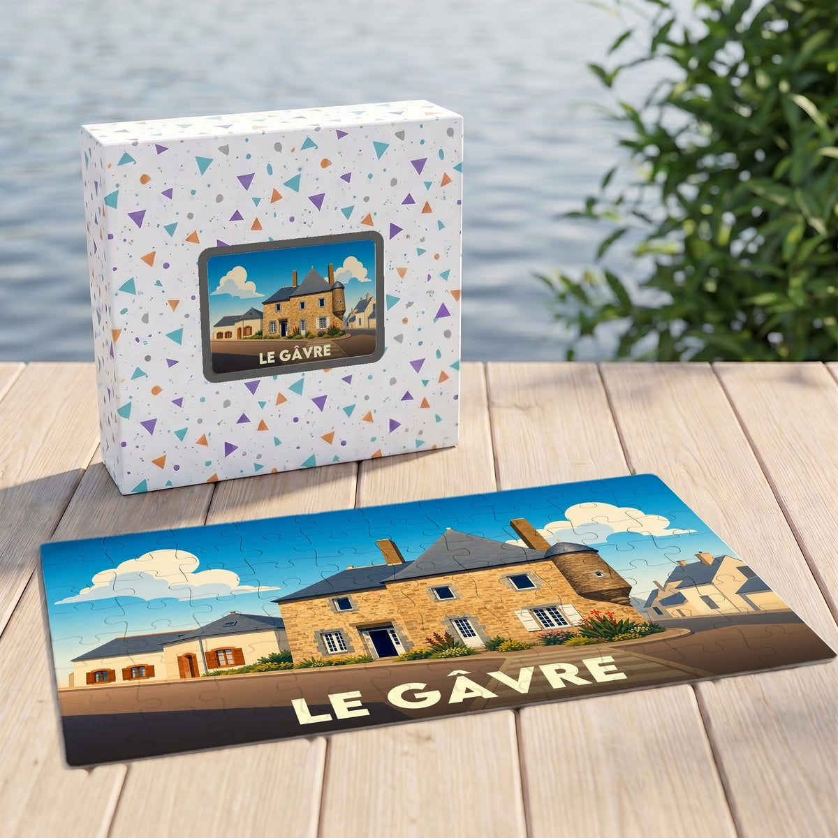 Puzzle souvenir de la ville du Gâvre avec une illustration stylisée d'un bâtiment en pierre.