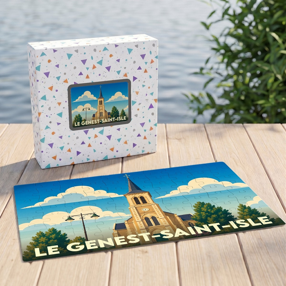 Puzzle souvenir de la ville de Le Genest-Saint-Isle avec une illustration stylisée d'une église.