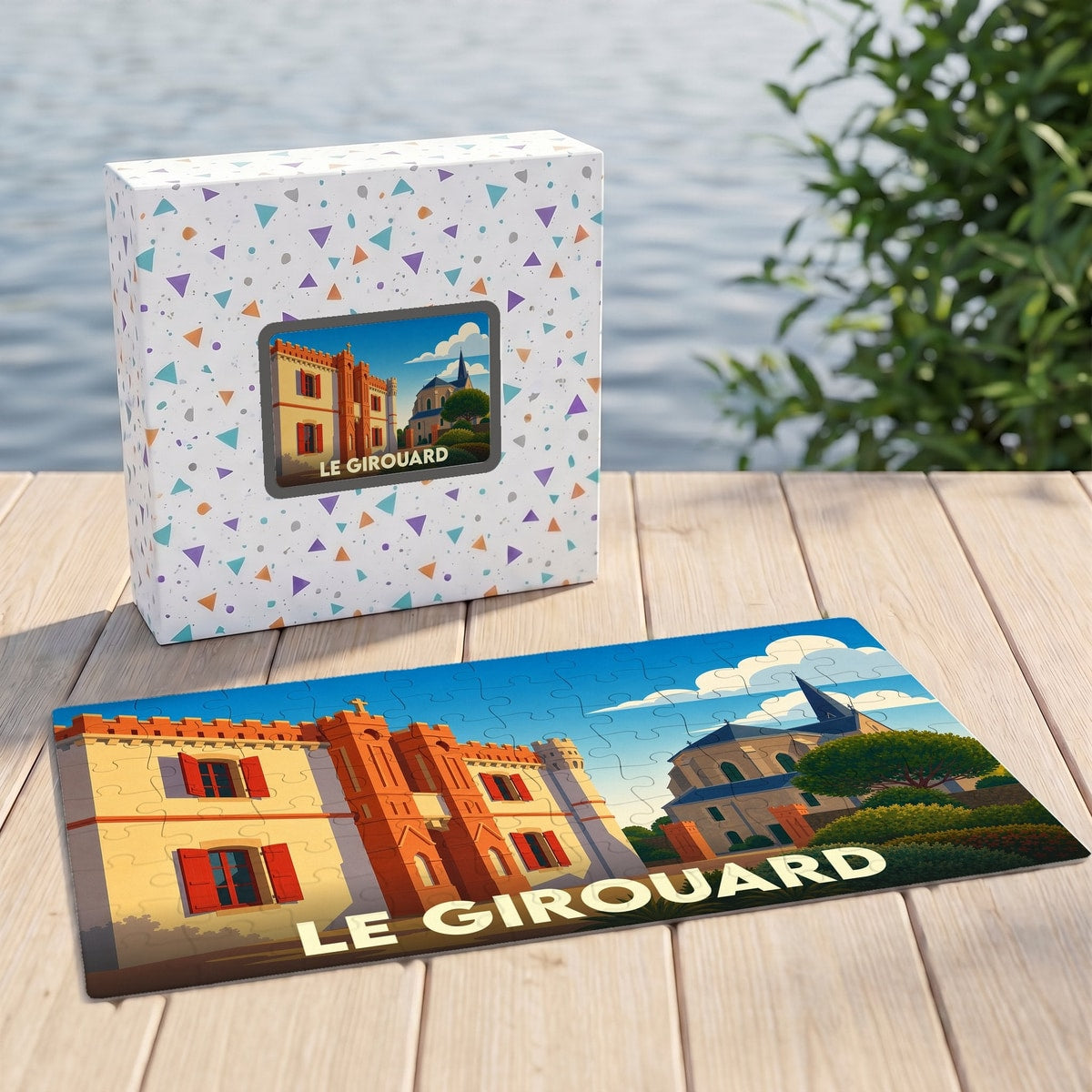 Puzzle souvenir de la ville de Le Girouard avec une illustration stylisée et colorée.