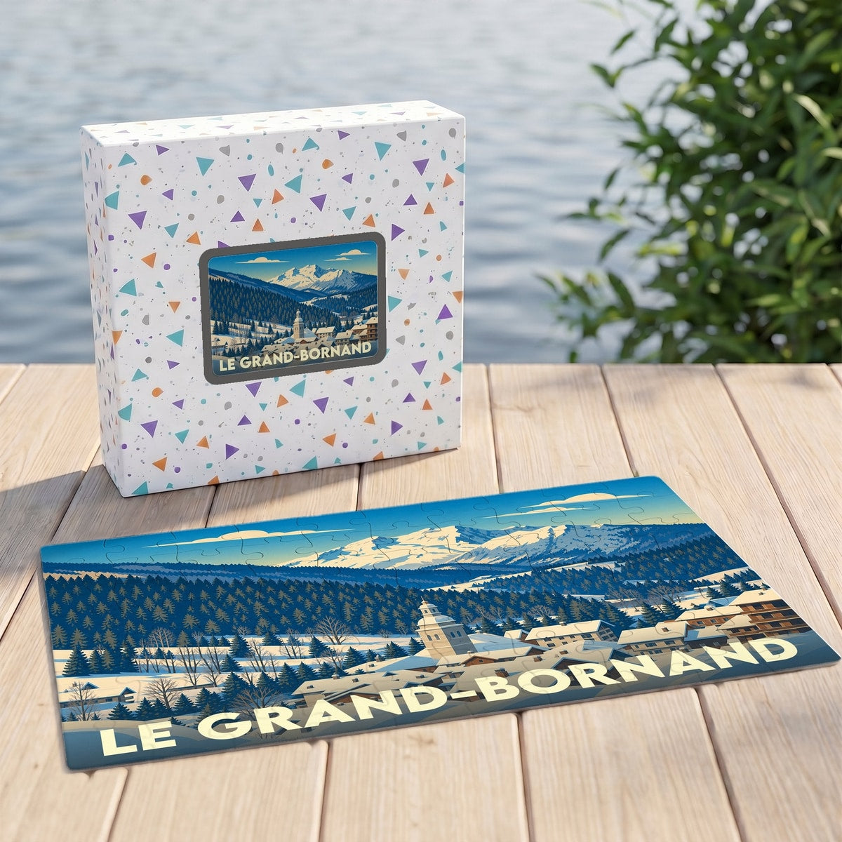 Puzzle souvenir de la ville de Le Grand-Bornand avec une illustration de paysage montagneux enneigé.