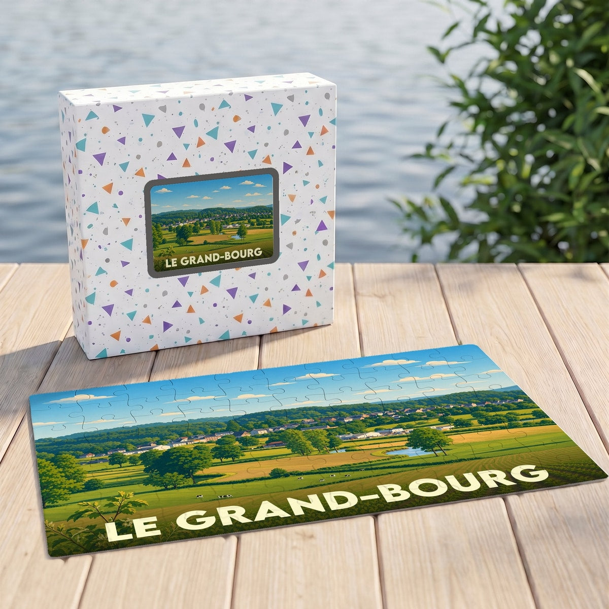 Puzzle souvenir de la ville de Le Grand-Bourg avec une illustration de paysage rural.