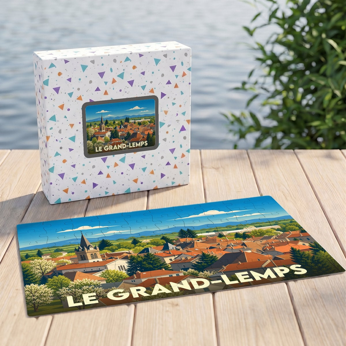 Puzzle souvenir de la ville de Le Grand-Lemps avec une illustration stylisée de ses toits rouges et de son clocher.