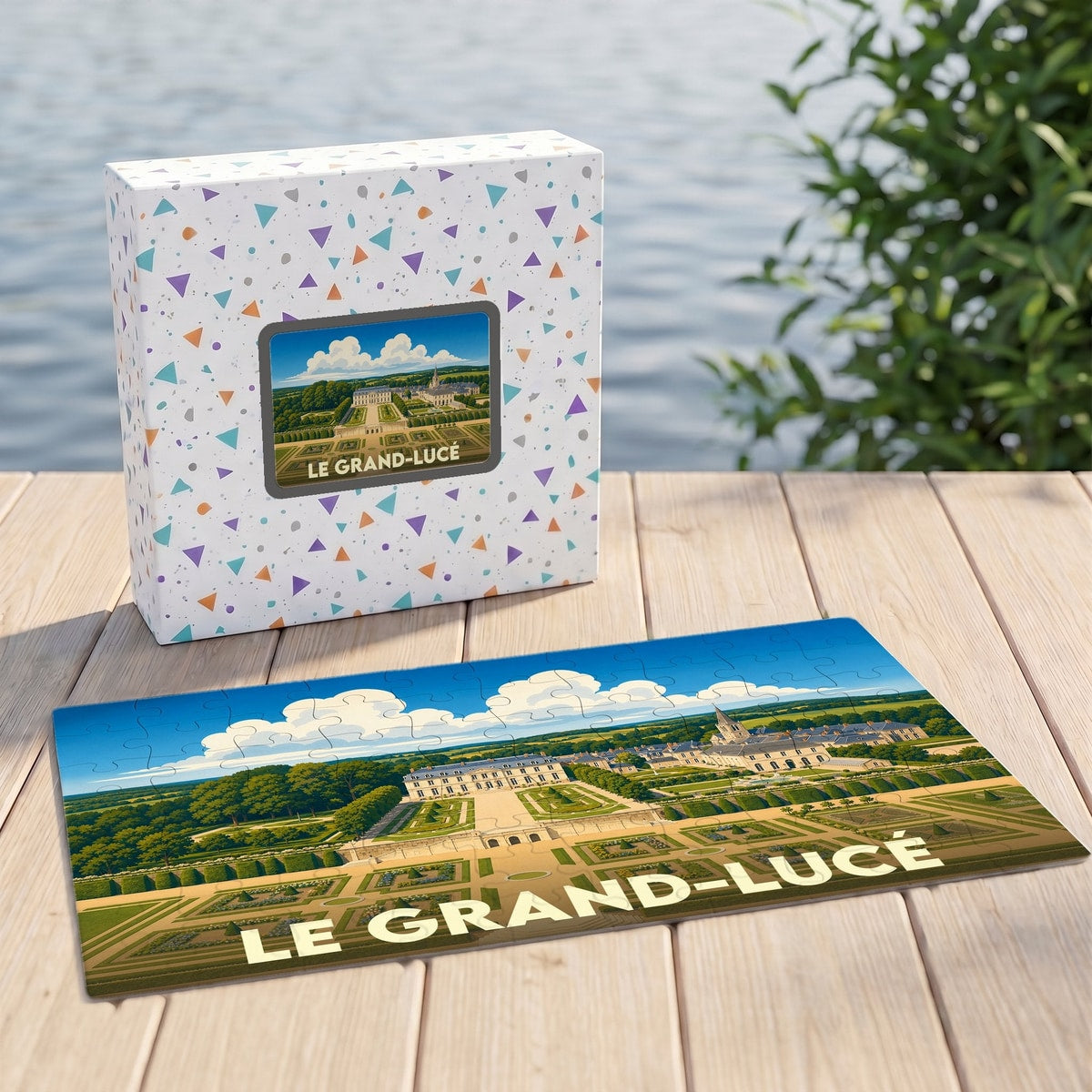 Puzzle souvenir de la ville de Le Grand-Lucé représentant son château et ses jardins à la française dans un style illustré.