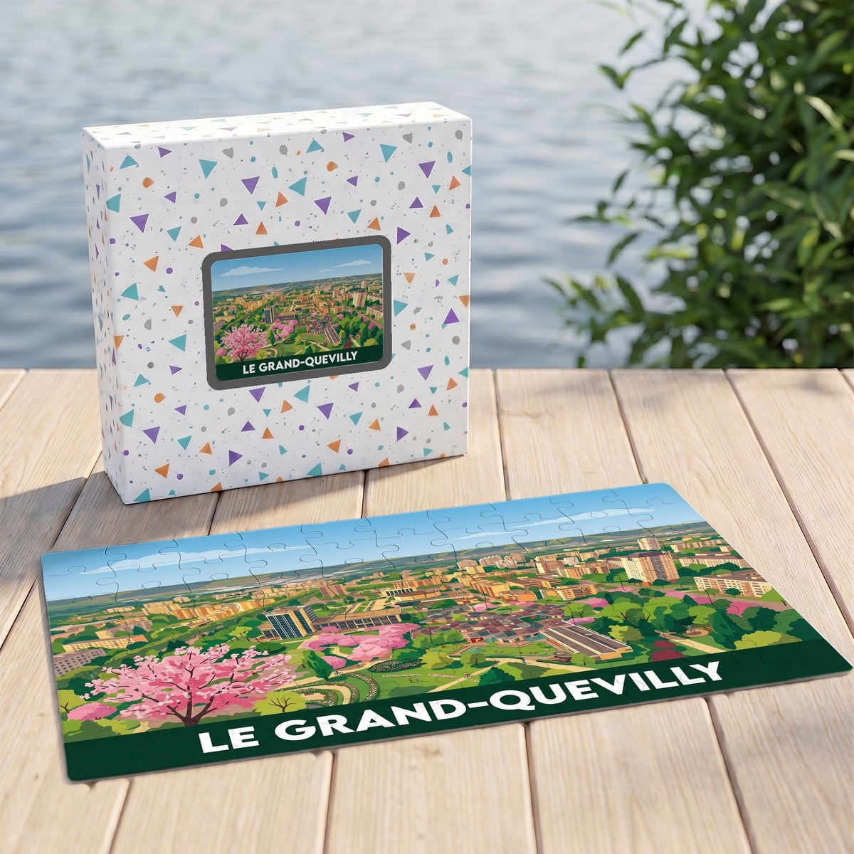 Puzzle souvenir de la ville de Le Grand-Quevilly avec une illustration colorée et stylisée.