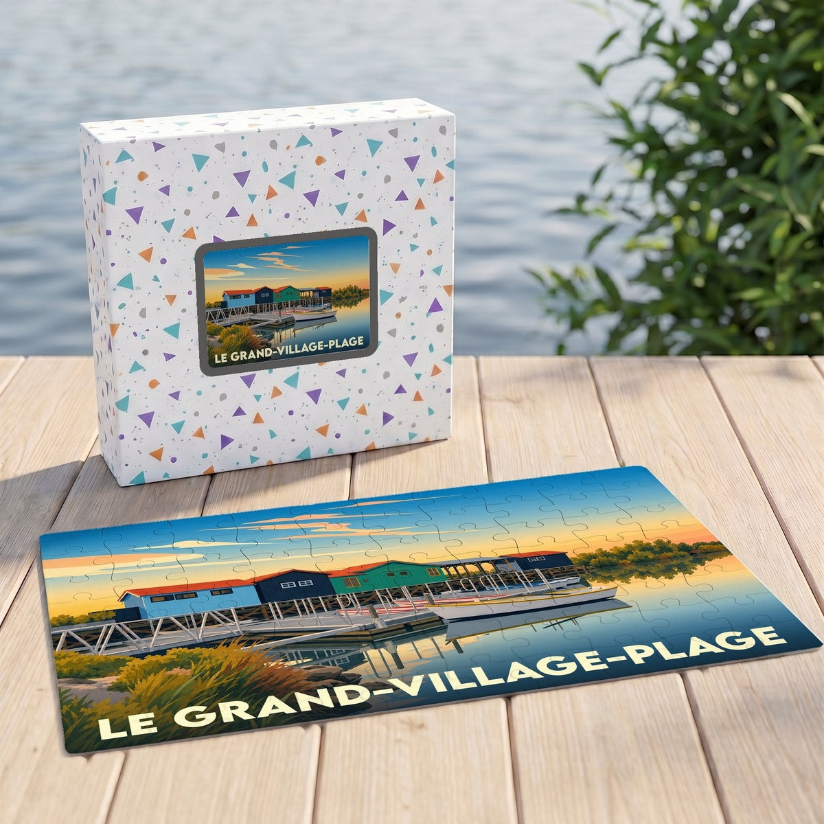 Puzzle souvenir de la commune de Le Grand-Village-Plage avec une illustration stylisée de cabanes de pêcheurs.
