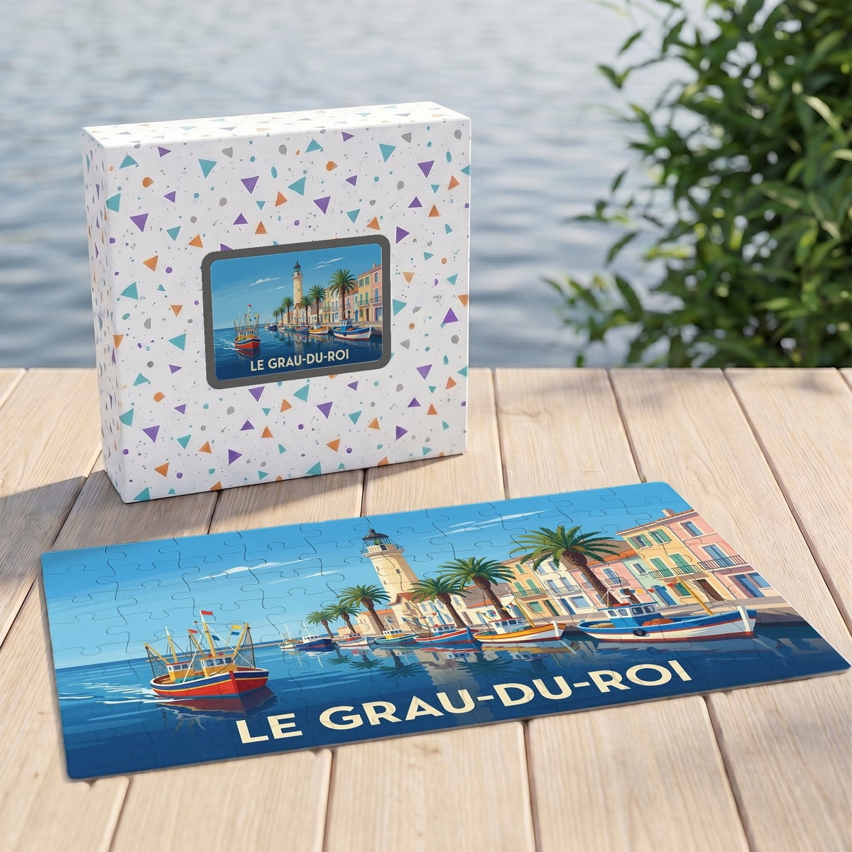 Puzzle souvenir de la ville de Le Grau-du-Roi avec une illustration stylisée d'un port méditerranéen.