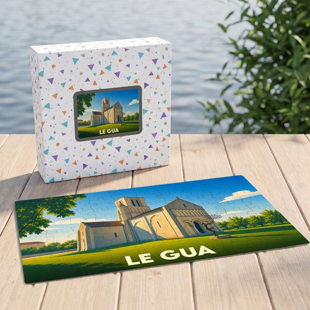 Puzzle souvenir de la ville de Le Gua avec une illustration stylisée de son église.