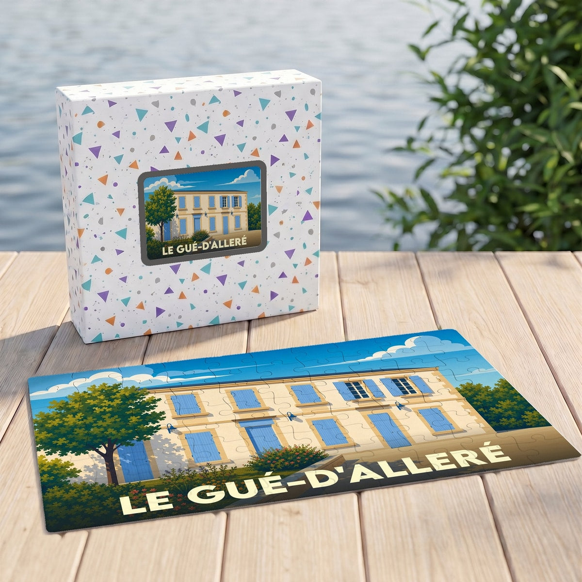 Puzzle souvenir de la ville de Le Gué-d'Alleré avec une illustration stylisée d'un bâtiment traditionnel.