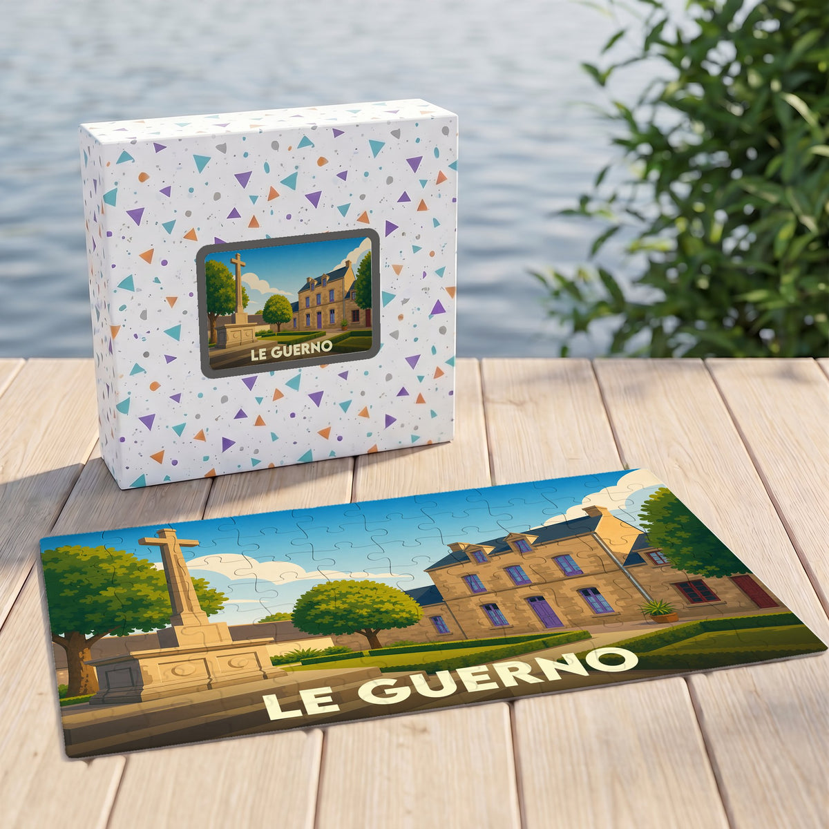 Puzzle souvenir de la ville de Le Guerno avec une illustration stylisée.